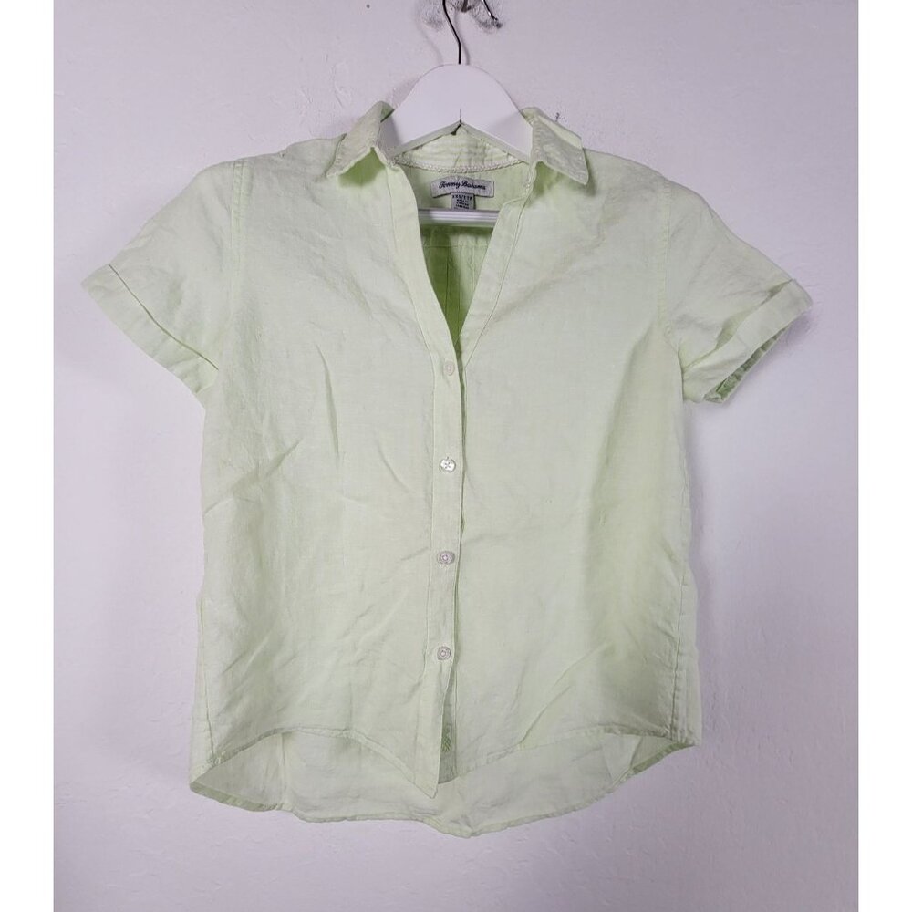Tommy Bahama Womens Light Green Short Sleeve Linen Button-Up Shirt XXS Casual